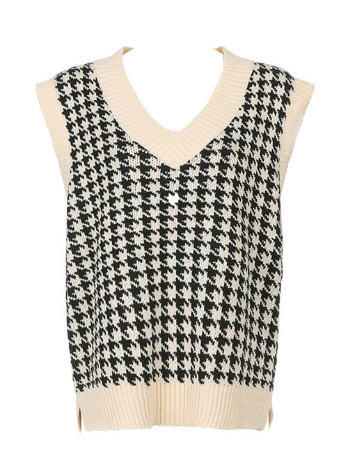 Women Houndstooth V-Neck Sweater Vest nicholesgifts