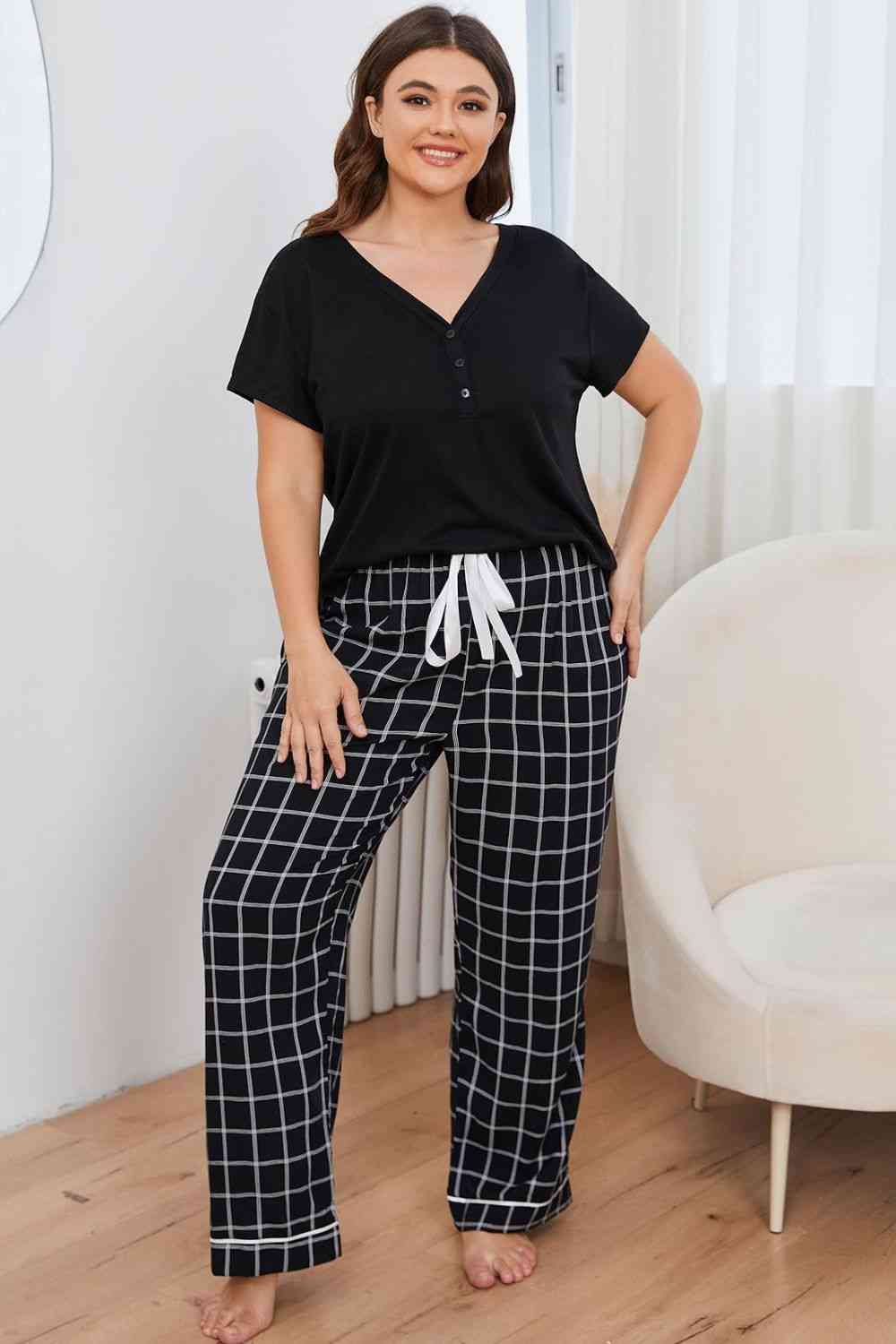 Women Plus Size V-Neck Top and Plaid Pants Lounge Set nicholesgifts