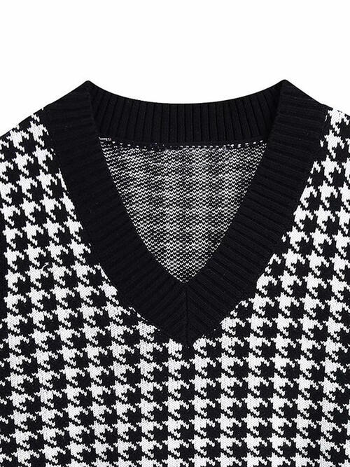 Women Houndstooth V-Neck Sweater Vest nicholesgifts