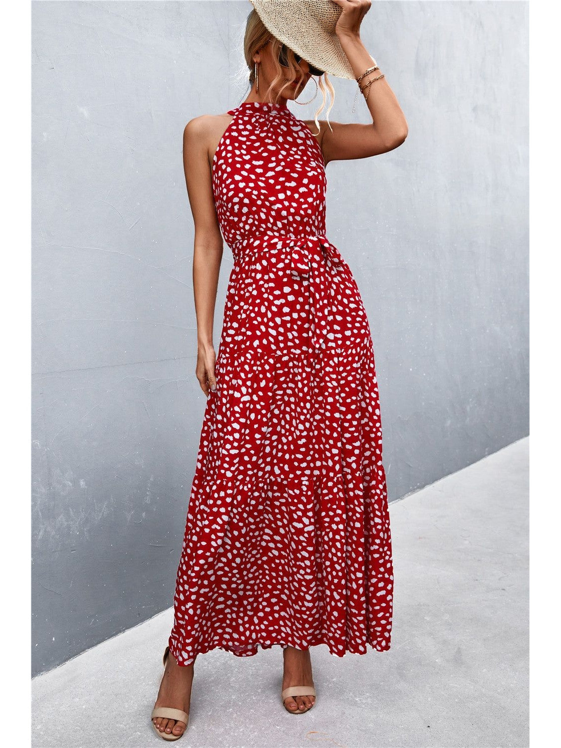 Women Printed Sleeveless Tie Waist Maxi Dress nicholesgifts