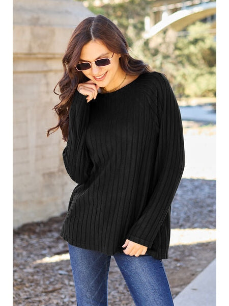 Women Basic Full Size Ribbed Round Neck Long Sleeve Knit Top nicholesgifts