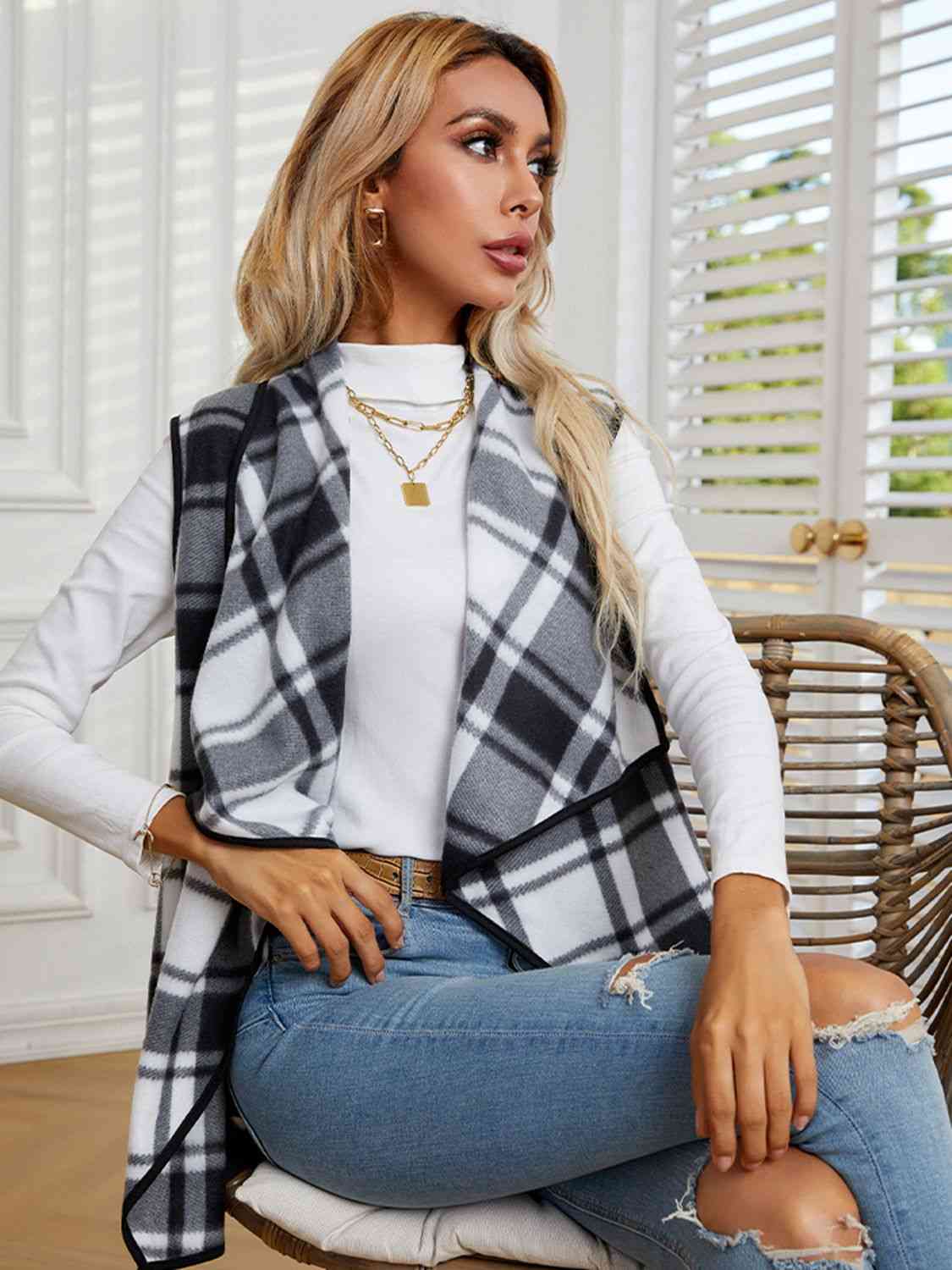 Women Plaid Open Front Vest nicholesgifts