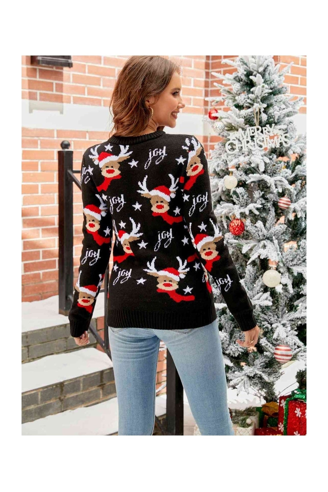 Women Reindeer Round Neck Sweater nicholesgifts