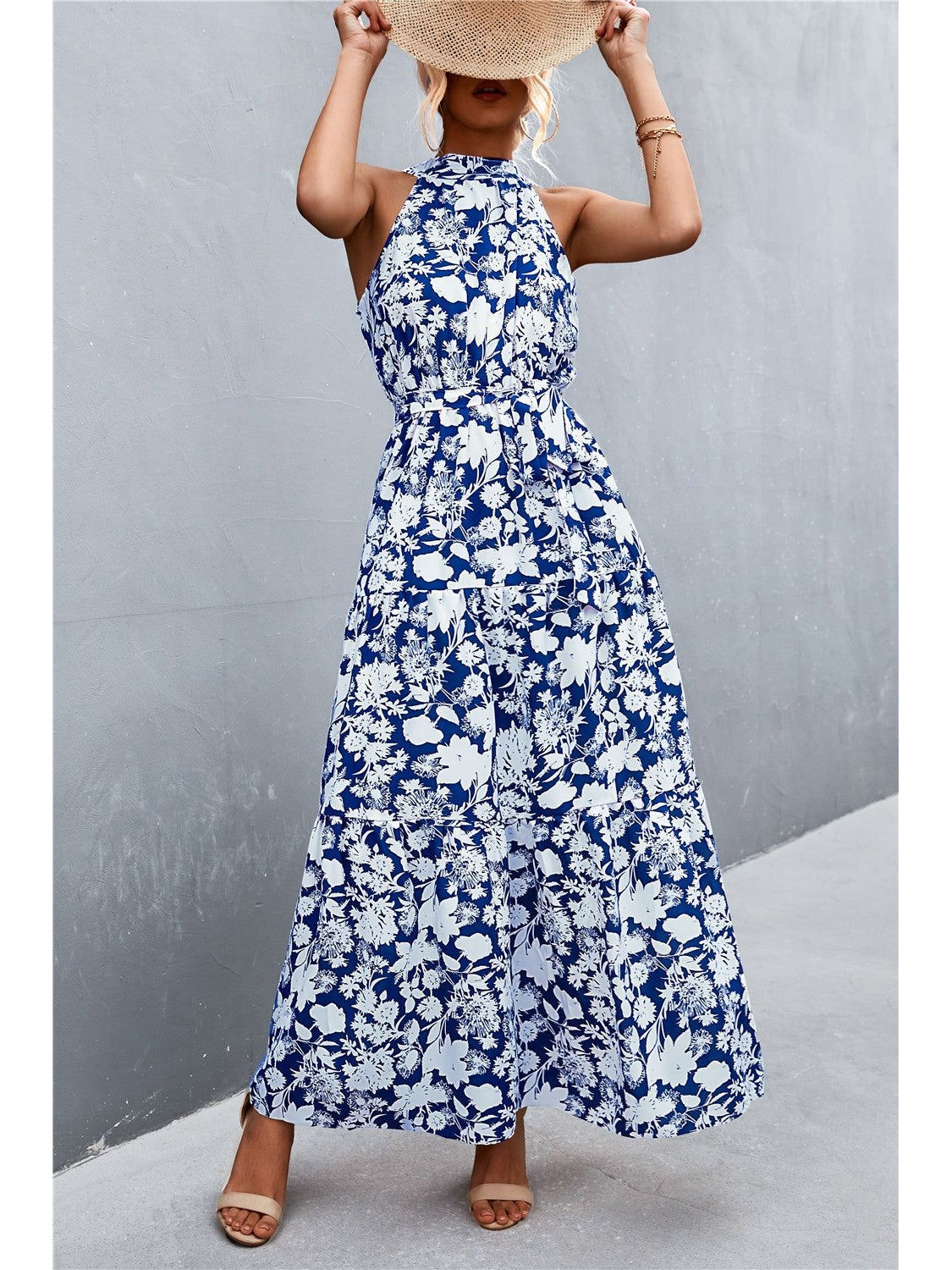 Women Printed Sleeveless Tie Waist Maxi Dress nicholesgifts