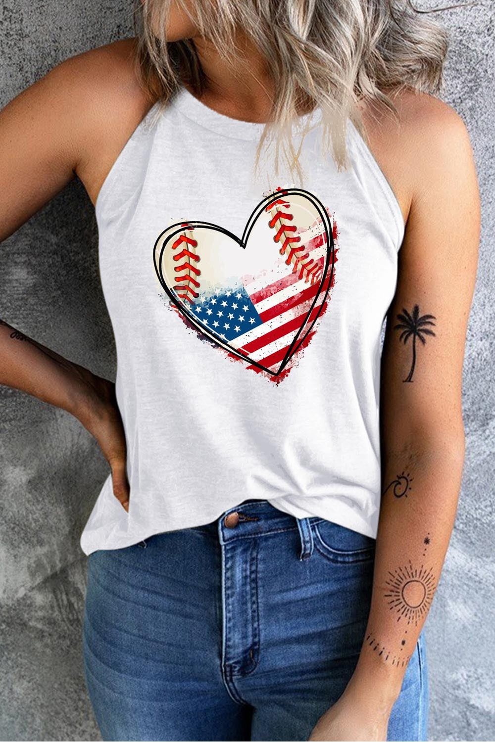 Women US Flag Heart Graphic Tank nicholesgifts