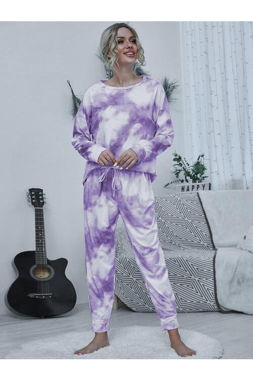 Women Tie-dye Round Neck Top and Drawstring Pants Lounge Set nicholesgifts