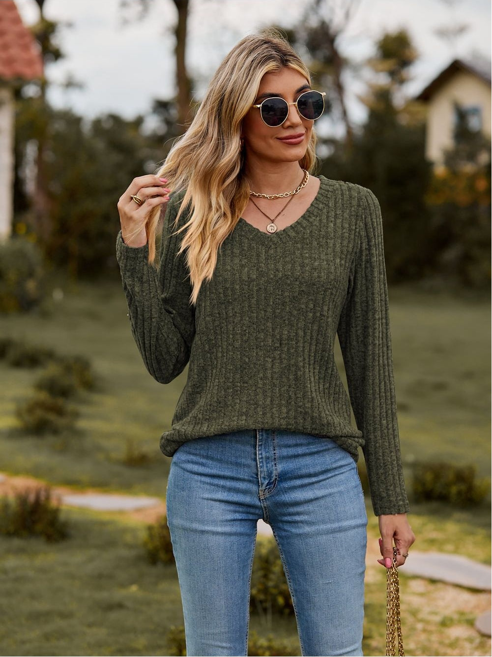 Women Ribbed V-Neck Long Sleeve Tee nicholesgifts