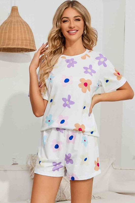 Women Floral Round Neck Raglan Sleeve Top and Shorts Lounge Set nicholesgifts