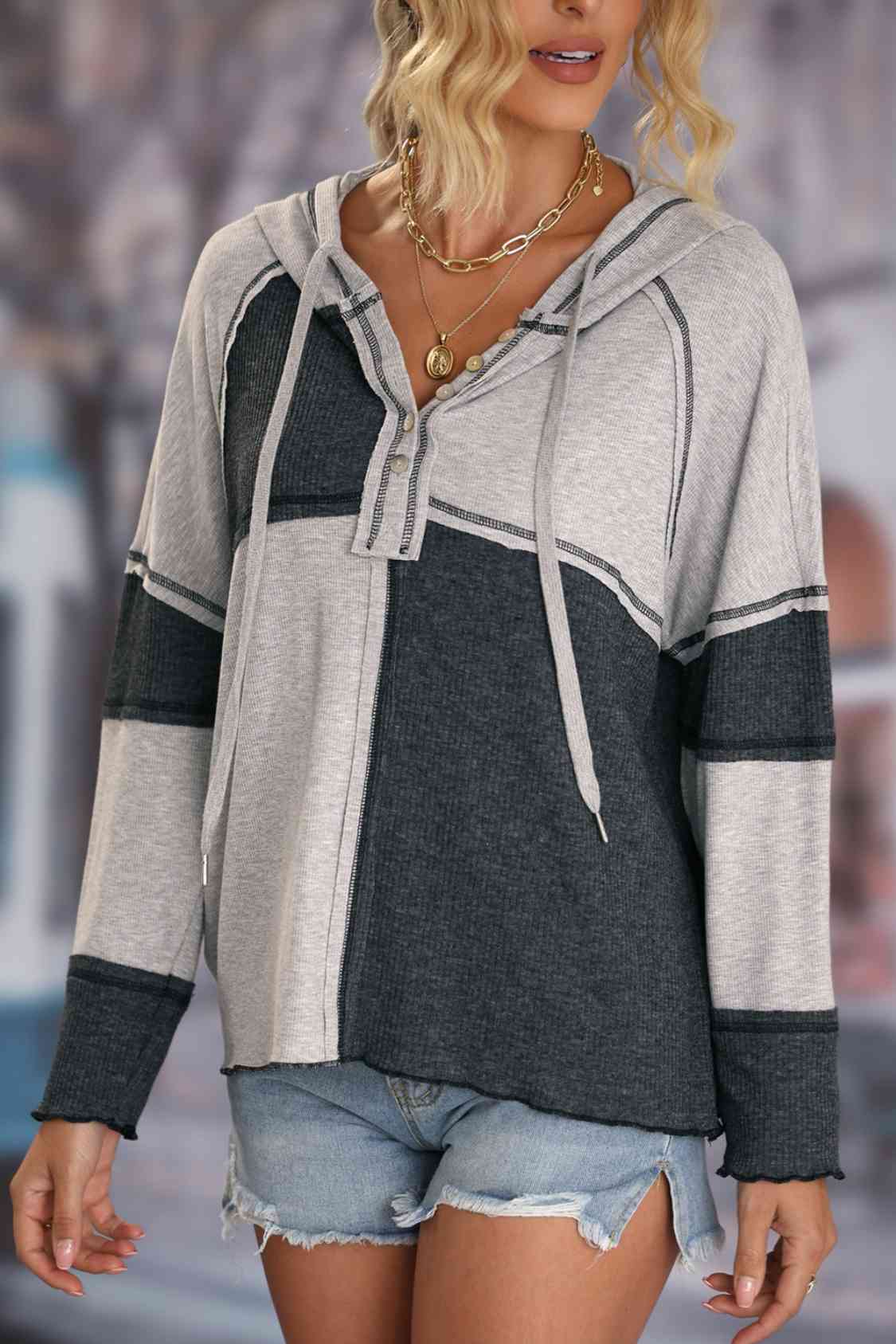 Women Exposed Seam Color Block Hoodie with Drawstring