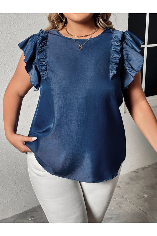 Plus Size Women's Round Neck Blouse with Flounce Sleeve nicholesgifts