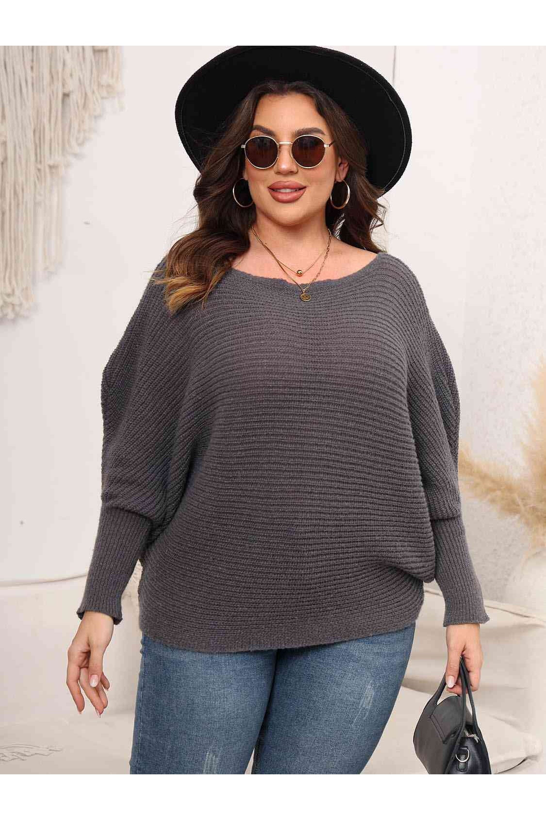 Full Size Women Boat Neck Batwing Sleeve Sweater nicholesgifts