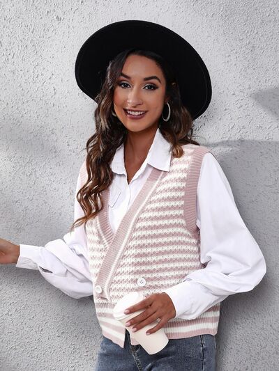 Women Striped Button Up V-Neck Sweater Vest nicholesgifts