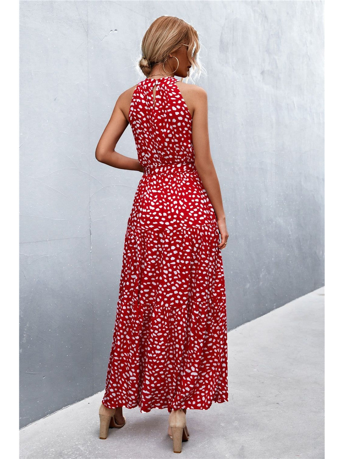 Women Printed Sleeveless Tie Waist Maxi Dress nicholesgifts