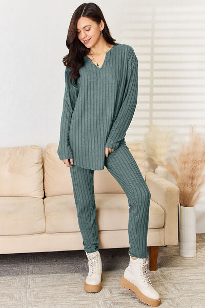 Women Full Size Notched Long Sleeve Top and Pants Set nicholesgifts