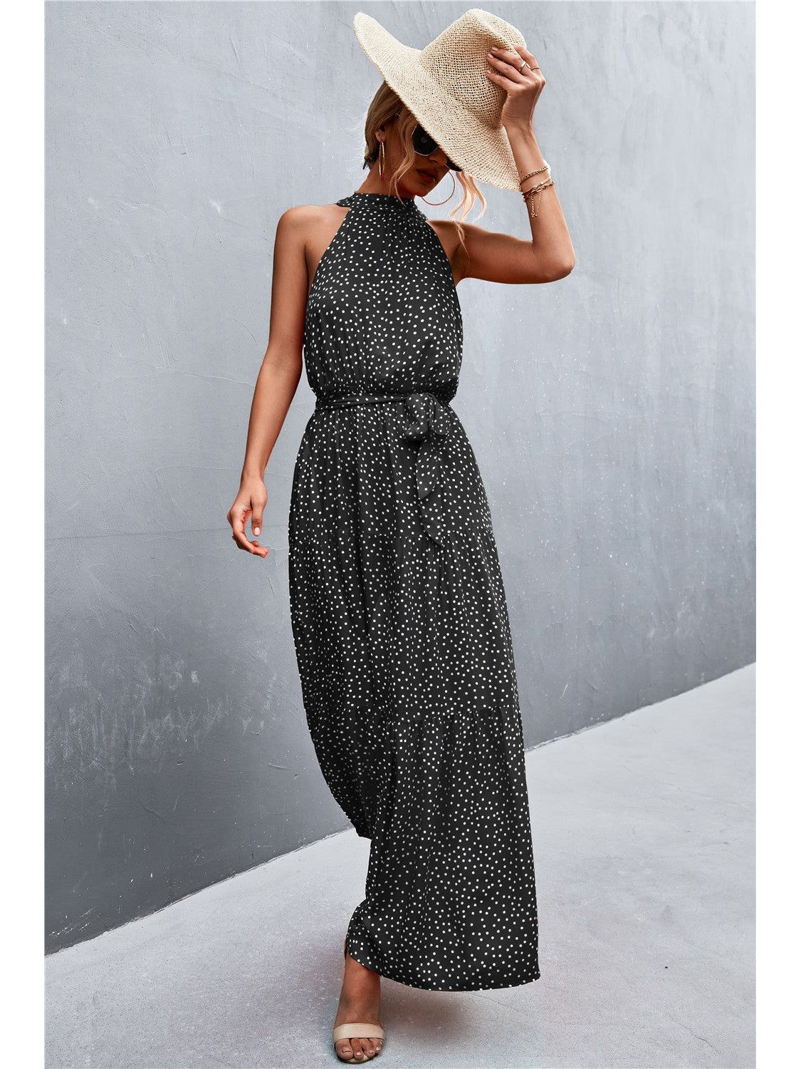 Women Printed Sleeveless Tie Waist Maxi Dress nicholesgifts