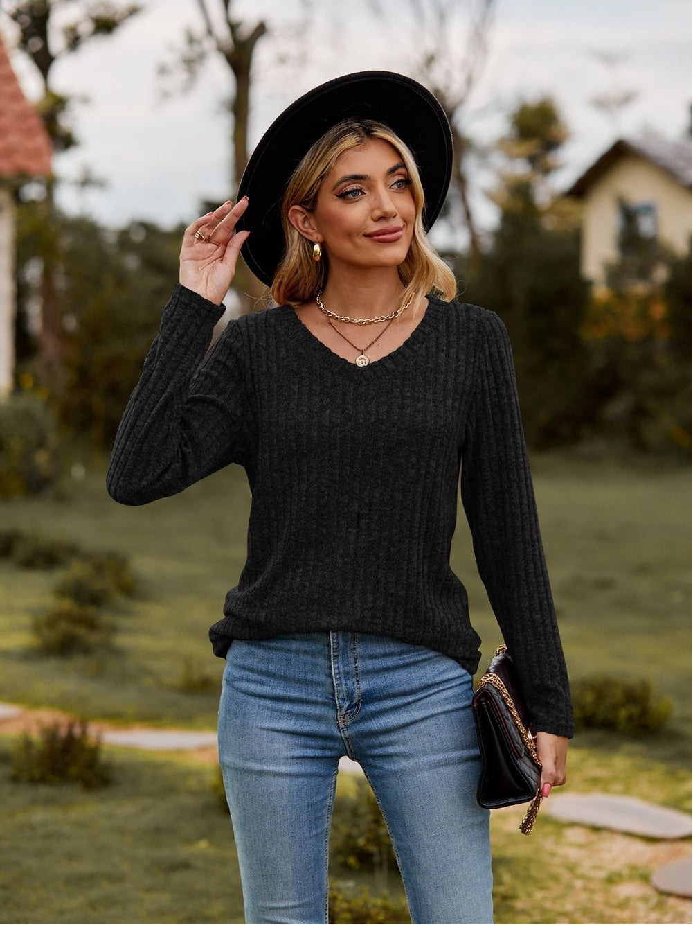 Women Ribbed V-Neck Long Sleeve Tee nicholesgifts