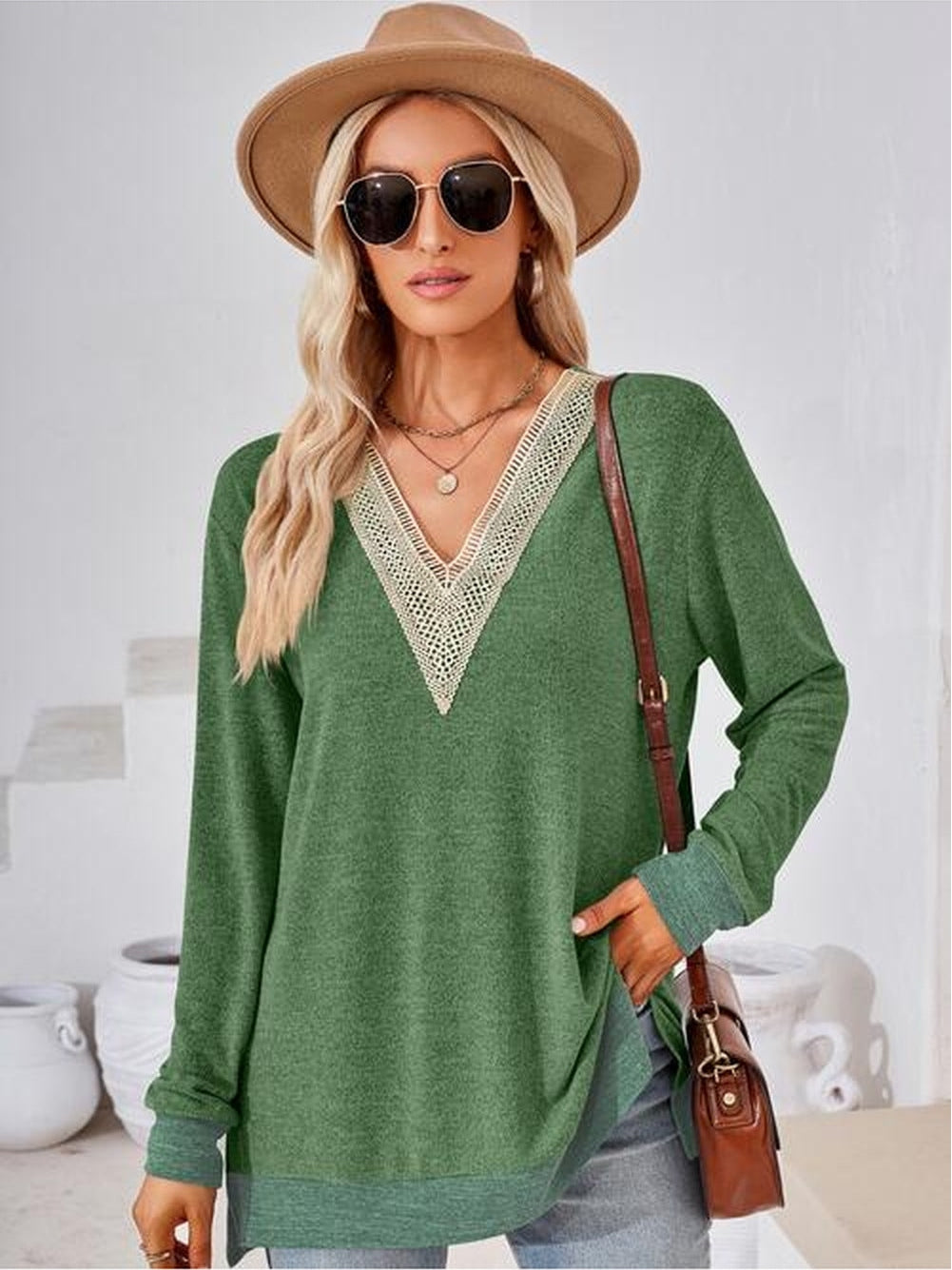 Women Crochet Contrast V-Neck Long Sleeve Slit T-Shirt nicholesgifts