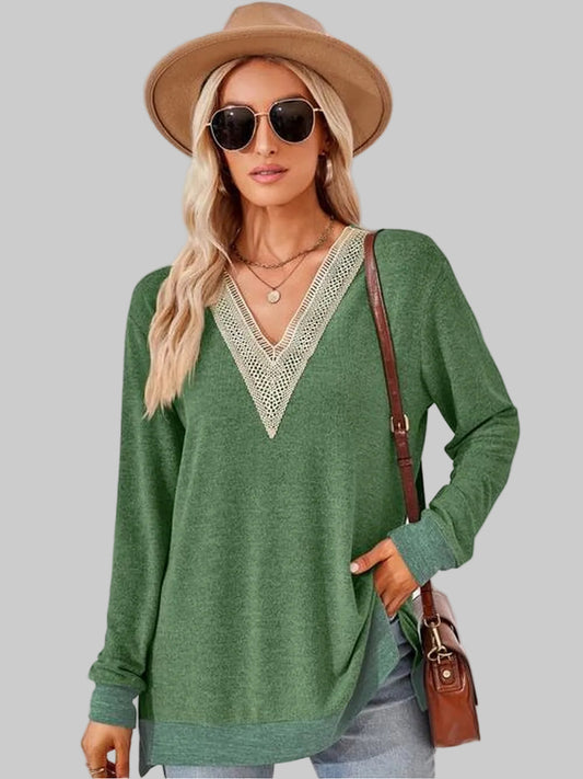 Women Crochet Contrast V-Neck Long Sleeve Slit T-Shirt nicholesgifts
