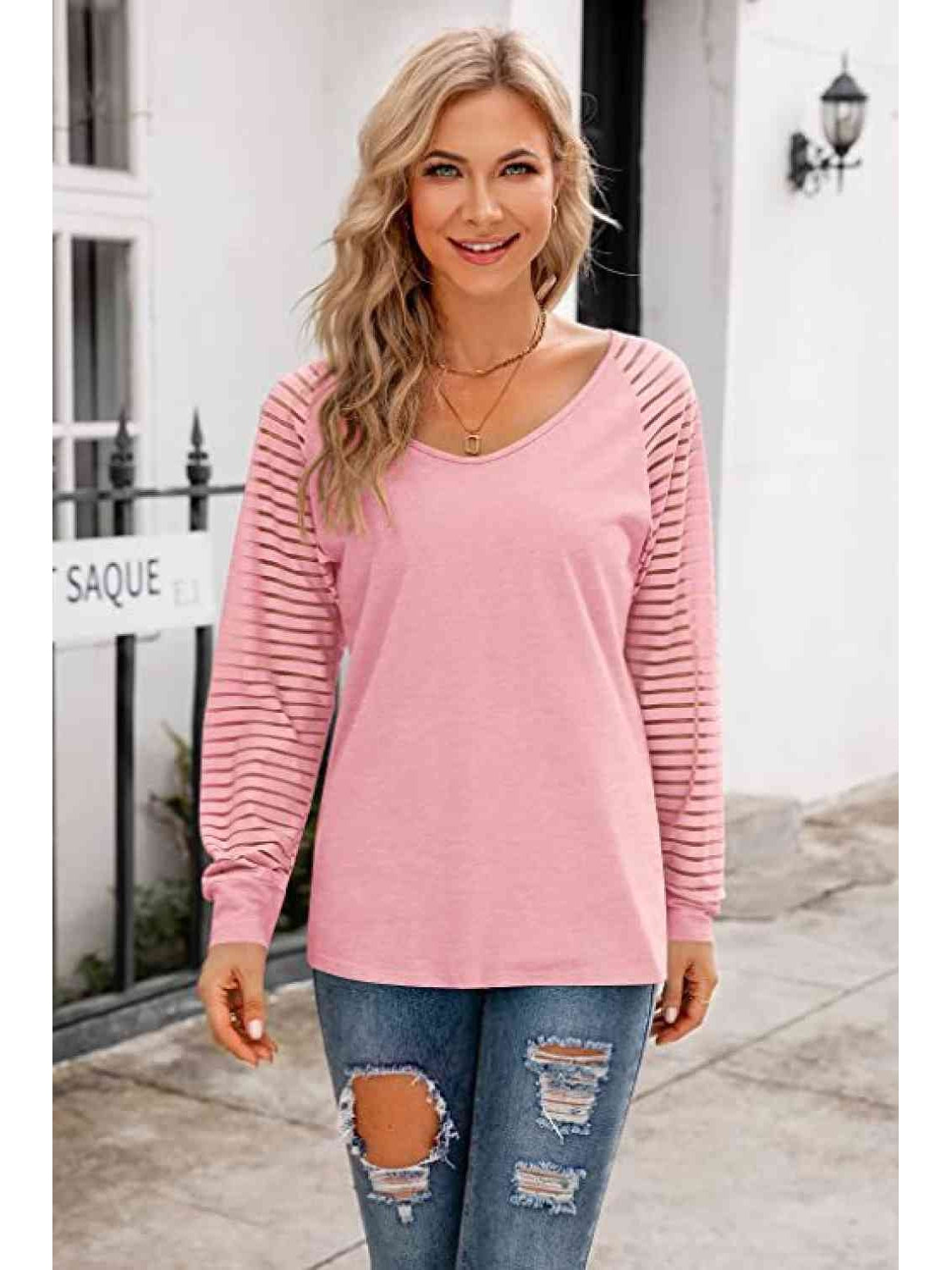 Women V-Neck Long Raglan Sleeve Top nicholesgifts