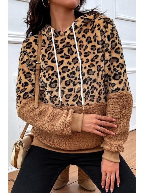 Women Leopard Drawstring Long Sleeve Hoodie nicholesgifts