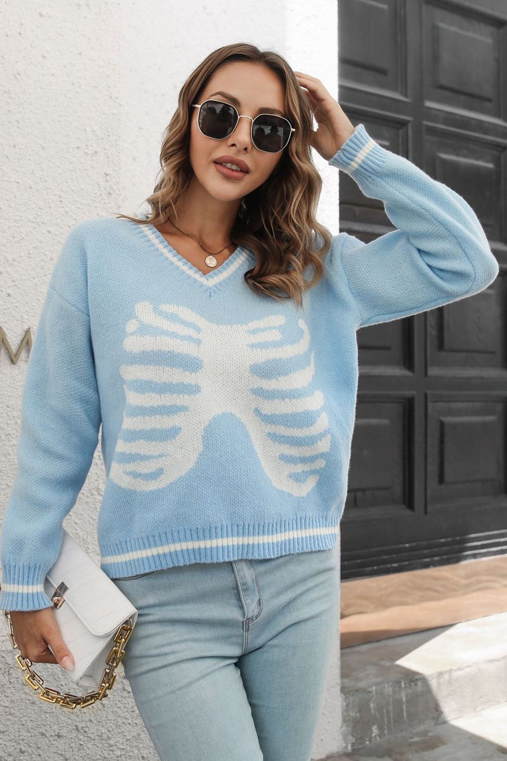 Women Pastel Blue Skeleton Pattern V-Neck Long Sleeve Pullover Sweater - NicholesGifts.online