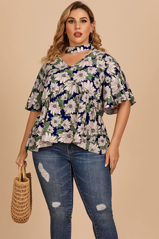 Plus Size Women Floral Flutter Sleeve Cutout Blouse nicholesgifts