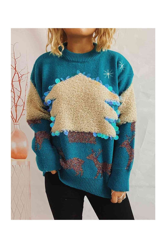 Women Sequin Christmas Tree & Reindeer Round Neck Sweater nicholesgifts