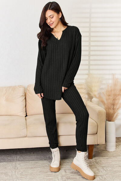 Women Full Size Notched Long Sleeve Top and Pants Set nicholesgifts