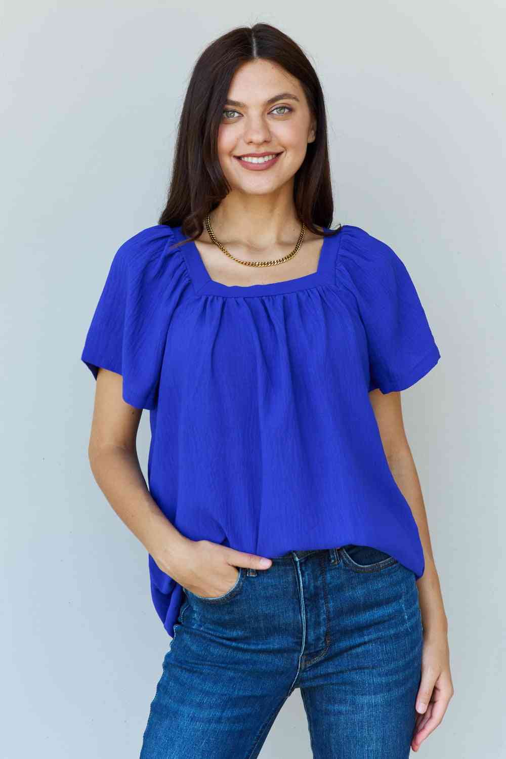 Women Keep Me Close Square Neck Short Sleeve Blouse in Royal Blue - Nicholesgifts.online
