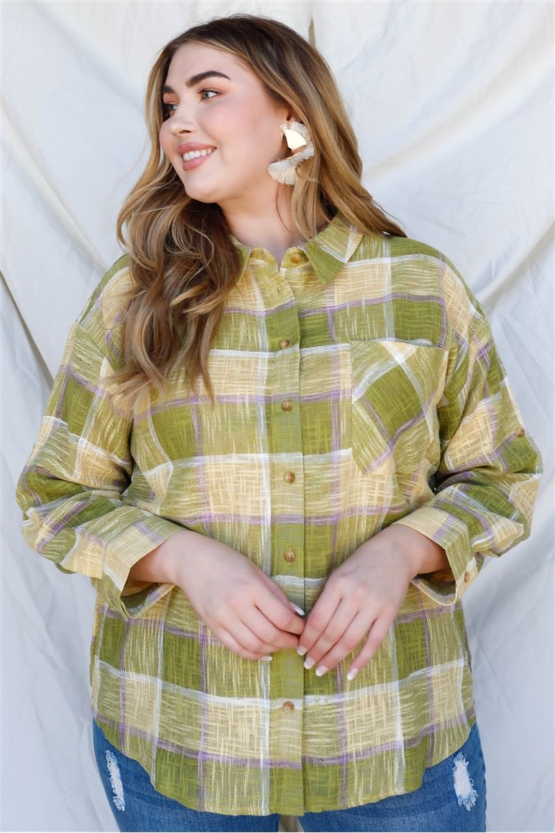 Plus Size Women Lime Colored Cotton & Linen Blend Textured Plaid Shirt Top