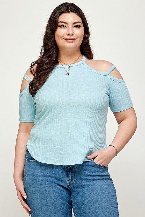Plus Size Women Dusty Blue Solid Ribbed Cold Shoulder Short Sleeve Top - NicholesGifts.online