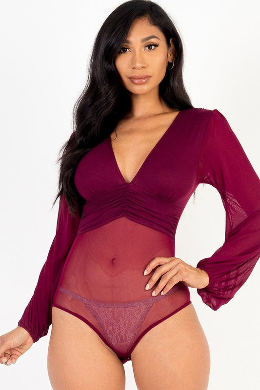 Women Mesh Long Sleeve deep v-neck Burgundy Bodysuit - NicholesGifts.online