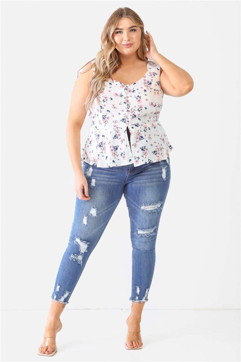 Plus Size Women Floral Ivory Button-up Sleeveless Flare Hem Top