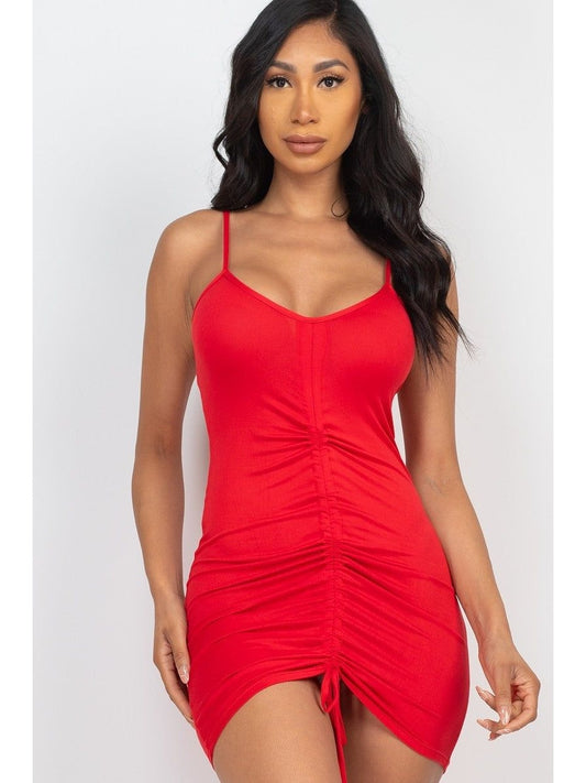 Women Red Adjustable Ruched Front Detail Mini Dress nicholesgifts