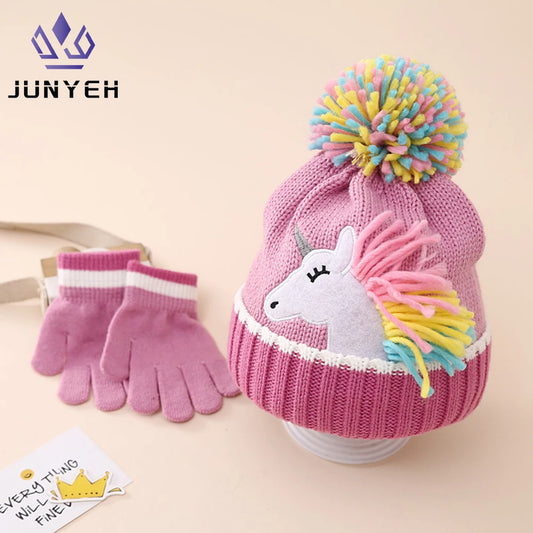 Children's Winter Caps Cartoon Unicorn Knitted Hat Gloves Set Winter Girls' Warm Beanie Mitten Set For Kids 2-6 Years