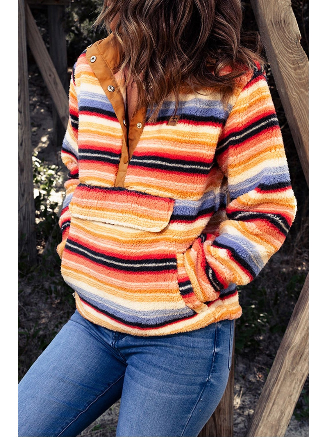 Women Multicolored Stripe Quarter Snap Fleece Sweatshirt nicholesgifts