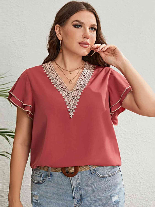 Plus Size Women Contrast V-Neck Layered Flutter Sleeve Blouse nicholesgifts