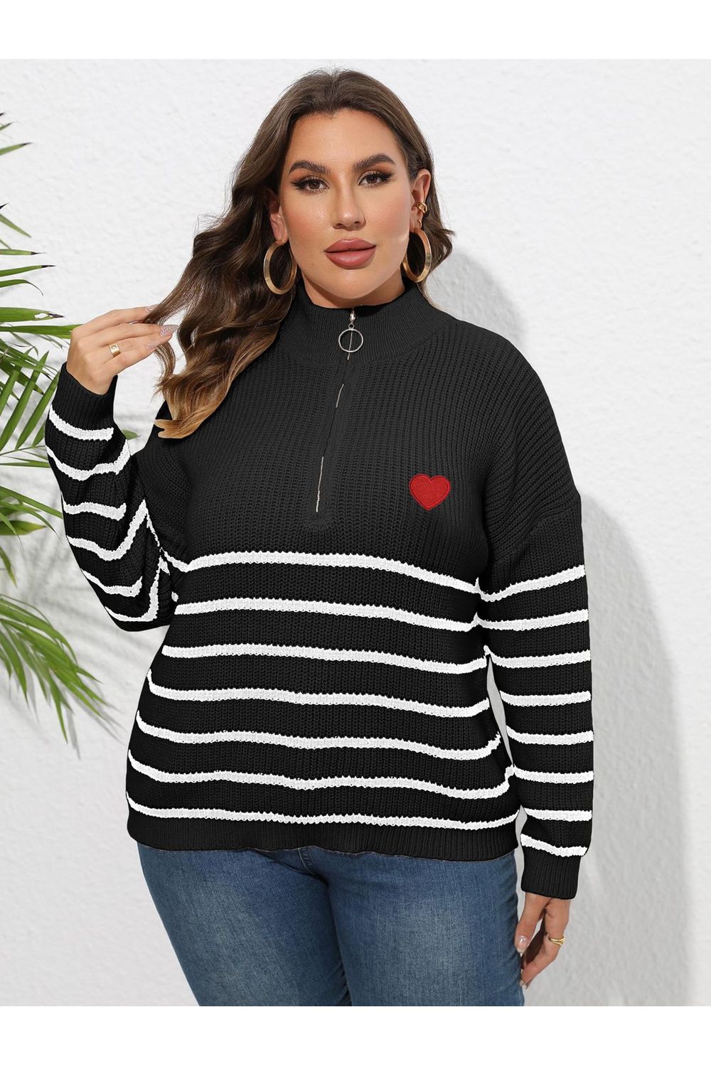 Plus Size Women Zip-Up Striped Sweater