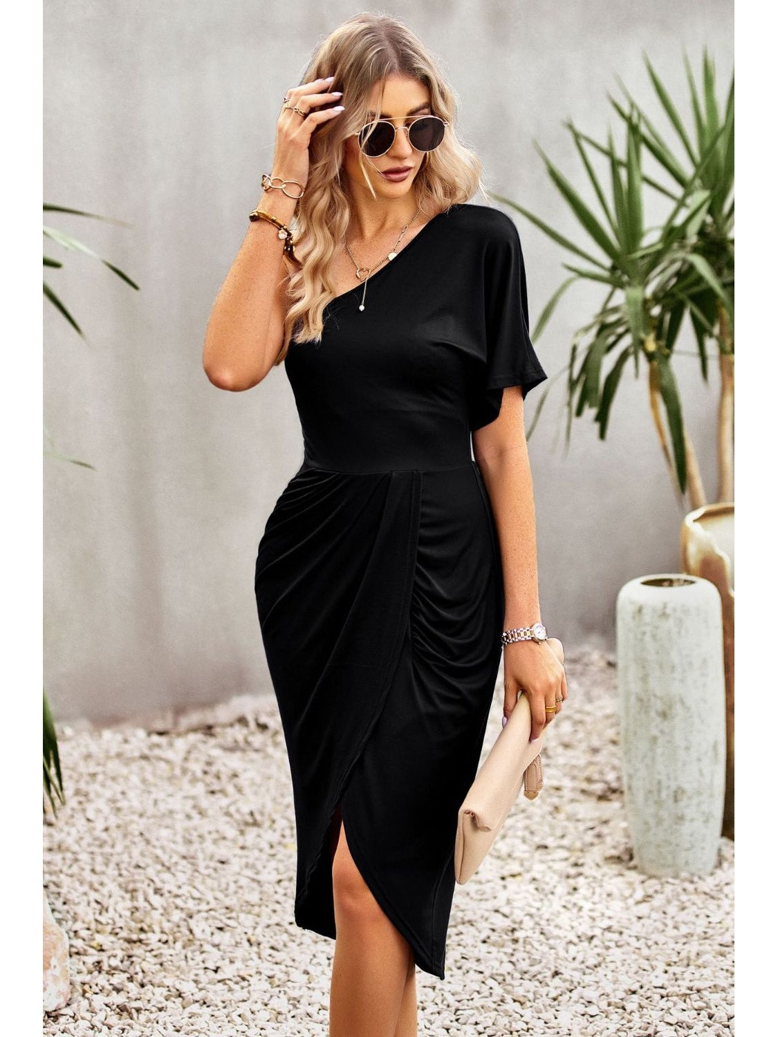 Women Ruched One-Shoulder Tulip Hem Dress nicholesgifts