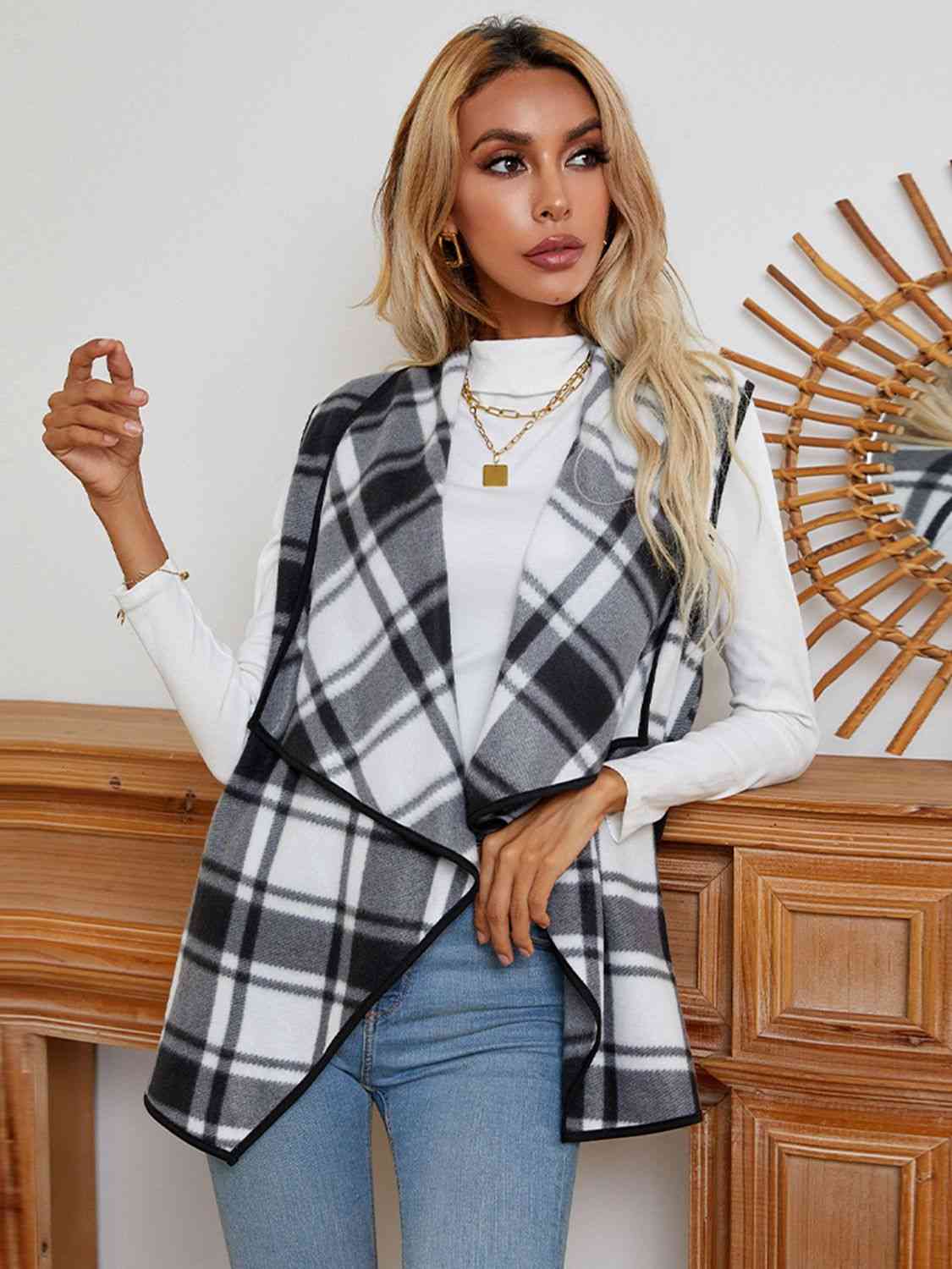 Women Plaid Open Front Vest nicholesgifts