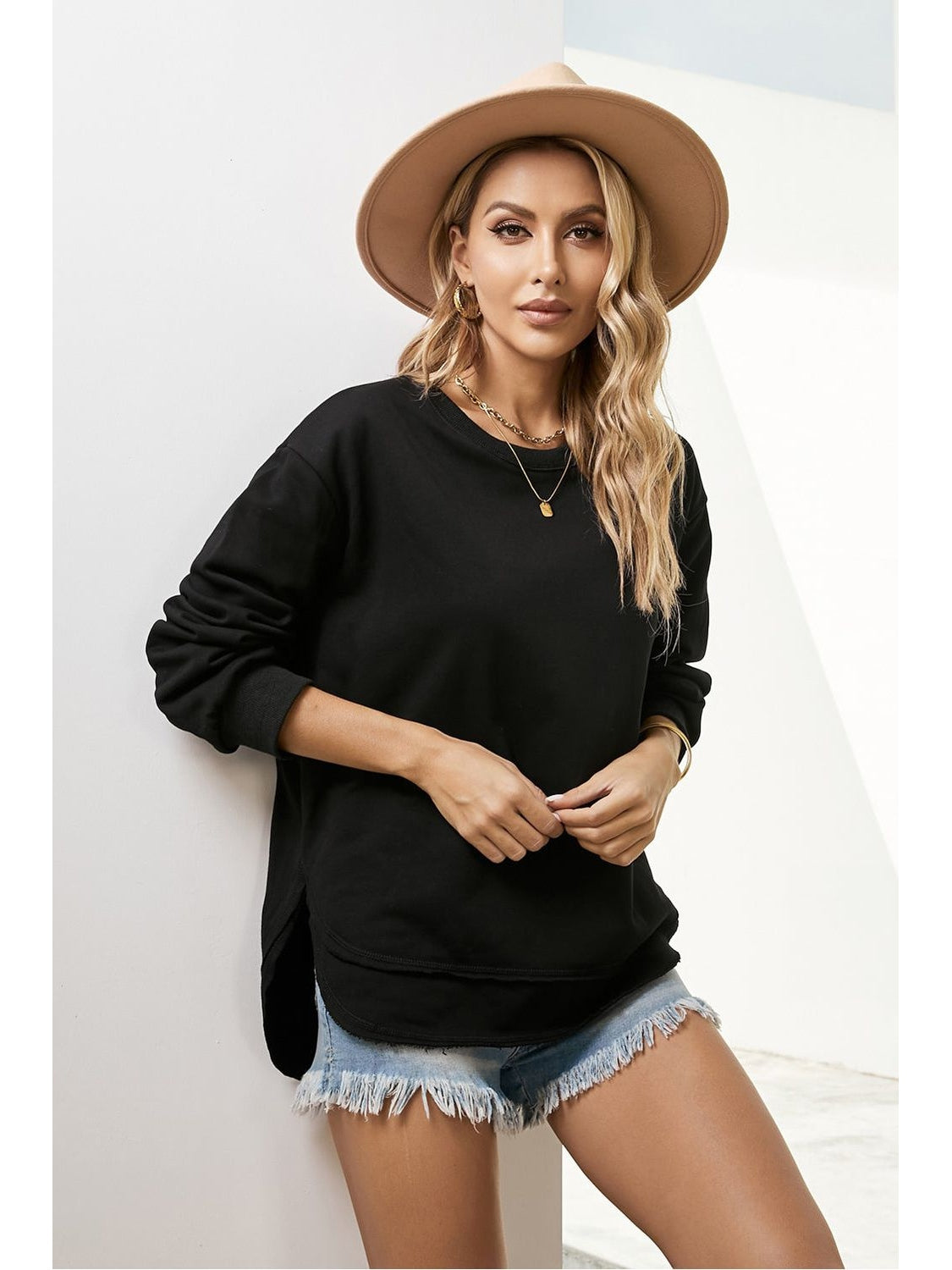 Women Side Slit Drop Shoulder Sweatshirt nicholesgifts