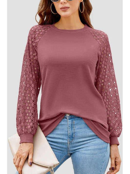 Women Full Size Eyelet Round Neck Long Sleeve T-Shirt nicholesgifts