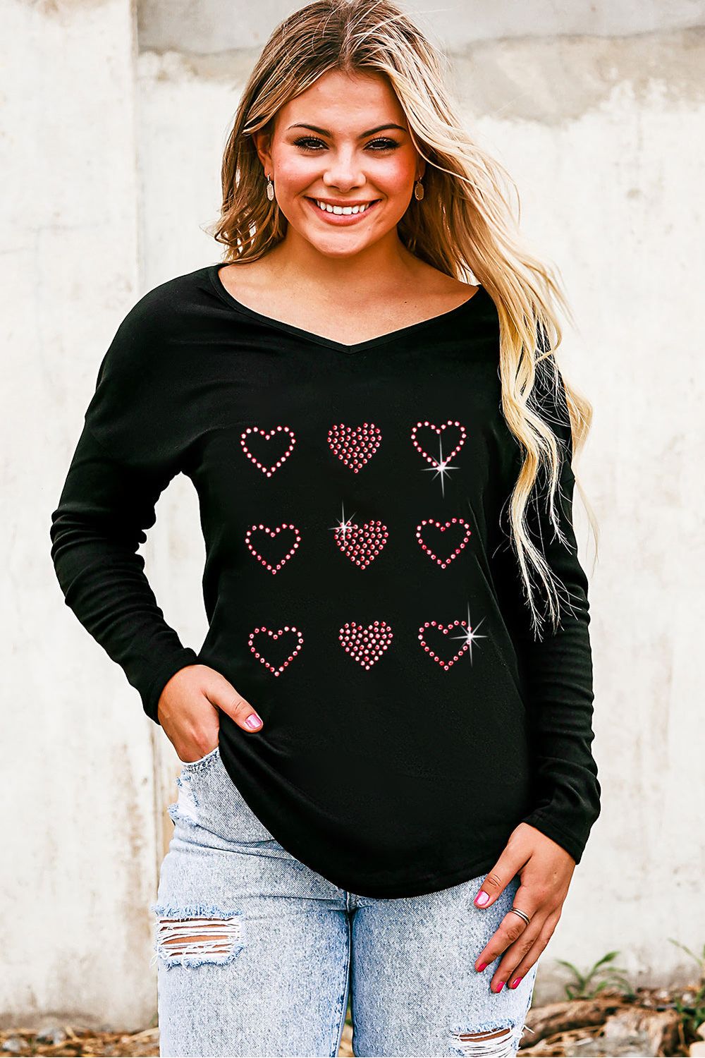 Women Heart V-Neck Long Sleeve Tee nicholesgifts