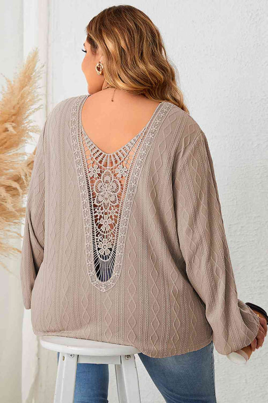 Plus Size Women Lace Detail V-Neck Long Sleeve Blouse