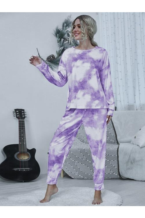 Women Tie-dye Round Neck Top and Drawstring Pants Lounge Set nicholesgifts