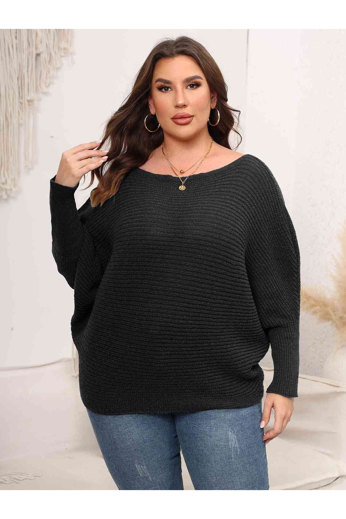 Full Size Women Boat Neck Batwing Sleeve Sweater nicholesgifts