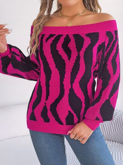 Women Off-Shoulder Animal Print Long Sleeve Sweater nicholesgifts