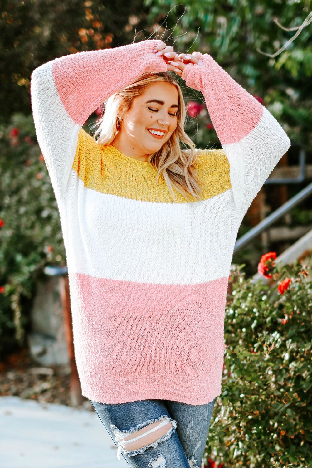 Plus Size Women Color Block Round Neck Sweater