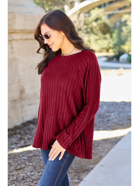 Women Basic Full Size Ribbed Round Neck Long Sleeve Knit Top nicholesgifts