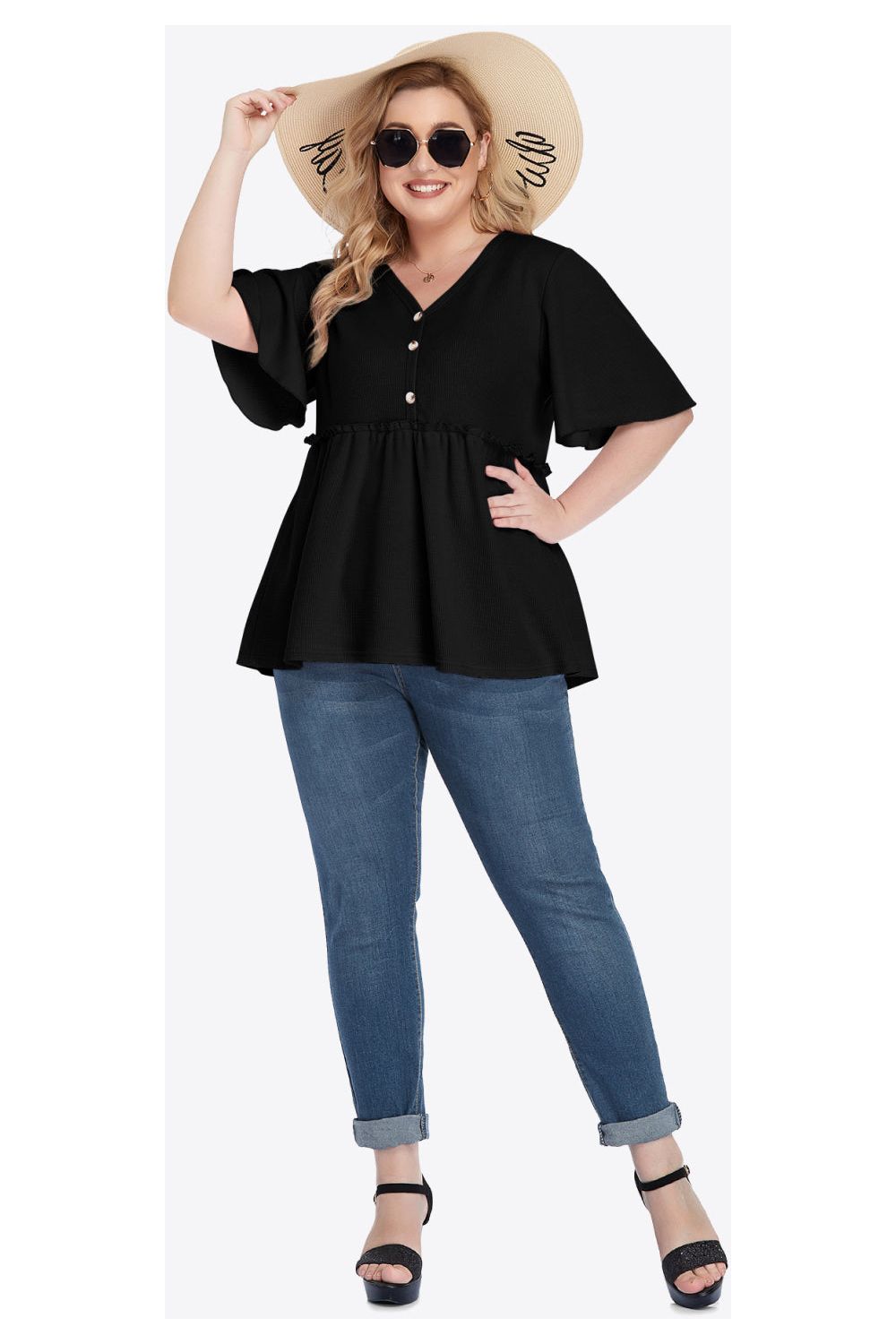 Plus Size Women Buttoned V-Neck Frill Trim Babydoll Blouse nicholesgifts